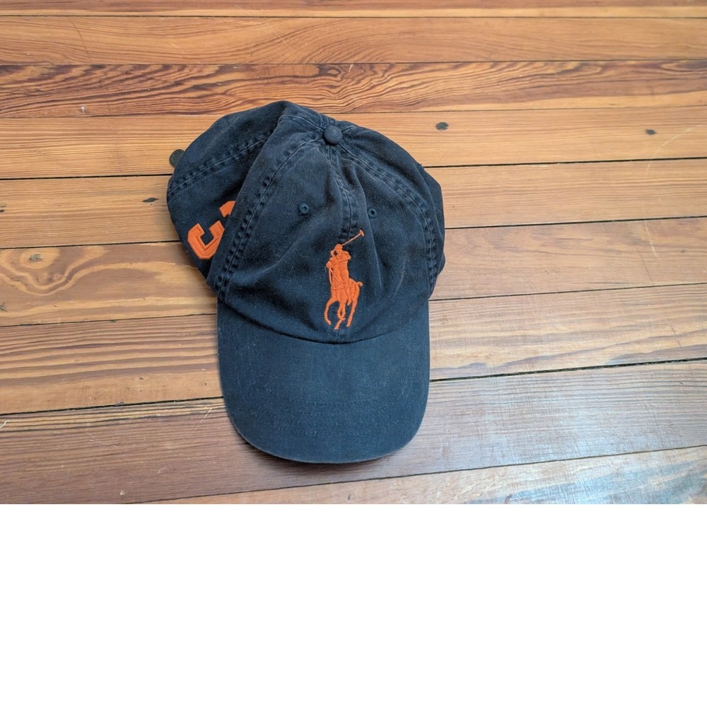 Polo Ralph Lauren Mens Navy Blue Orange Big Pony 3 Hat Leather Strapback
